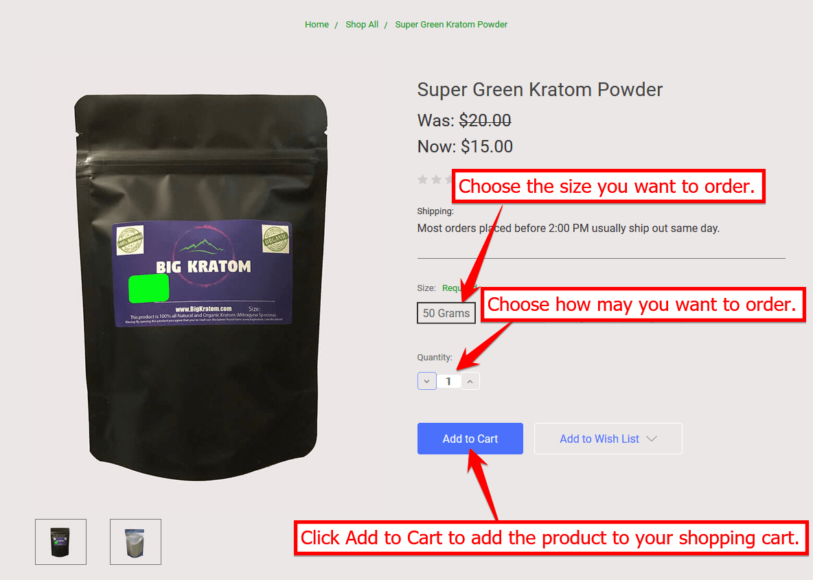Adding kratom powder to your shopping cart.